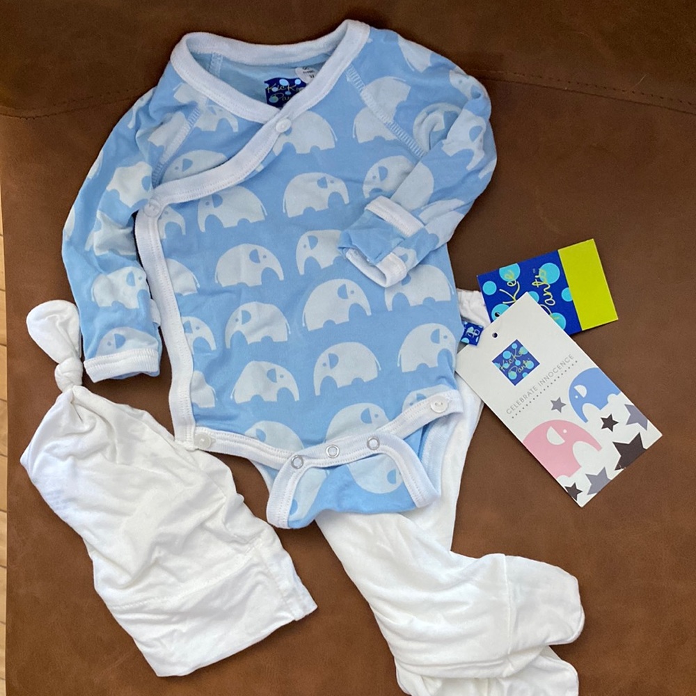 Kickee Pants gift set baby newborn 0-3 mos elephant kimono w mittens NWT hat